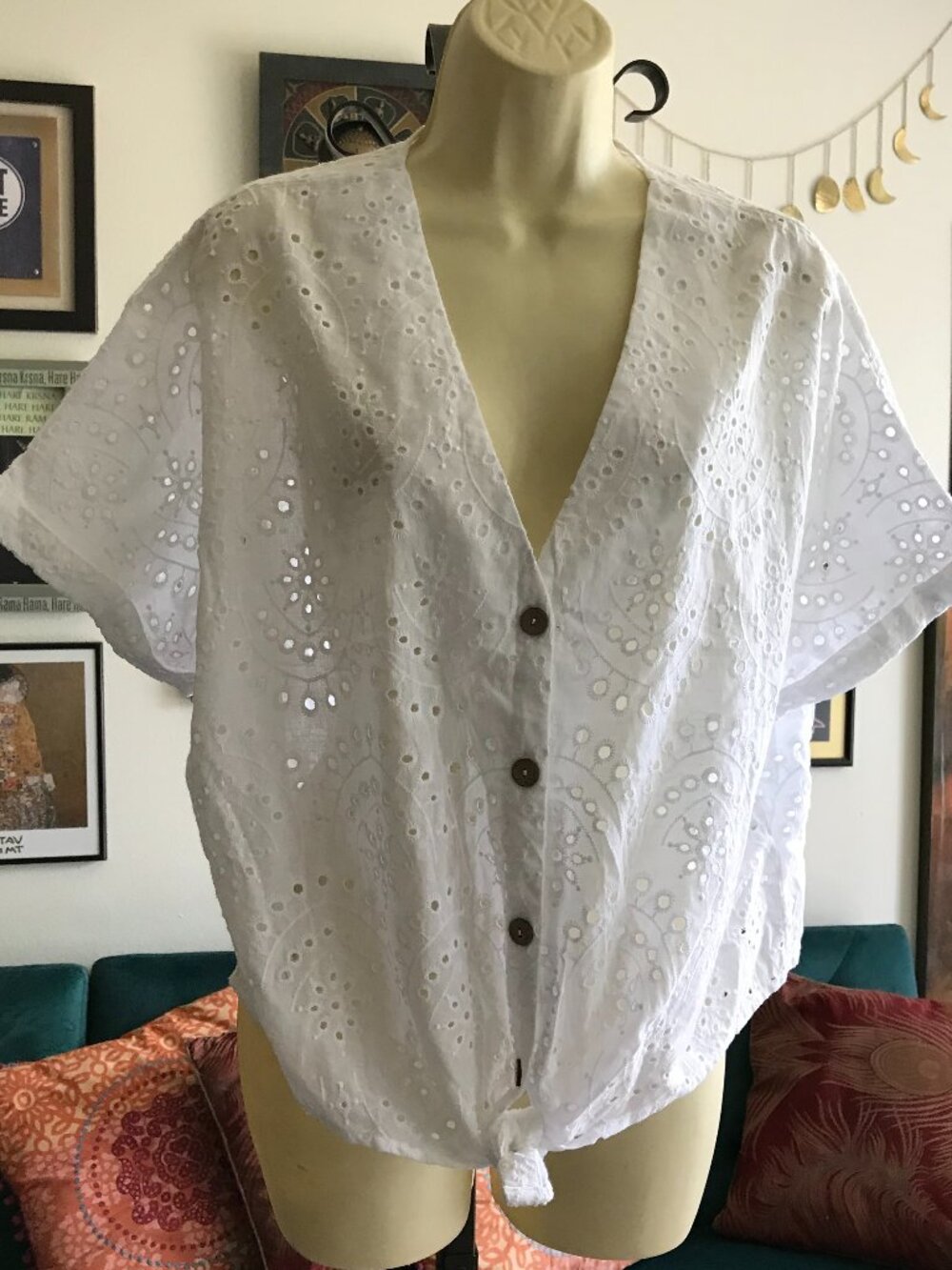 MAURICES size XL Coastal Boho White Eyelet Embroidered V-Neck Tie Front Top